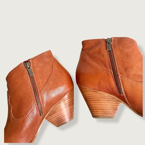 Frye Reina Genuine Cognac Leather Pull On Everyday Casual Wood Heel Ankle Bootie - Picture 11 of 14